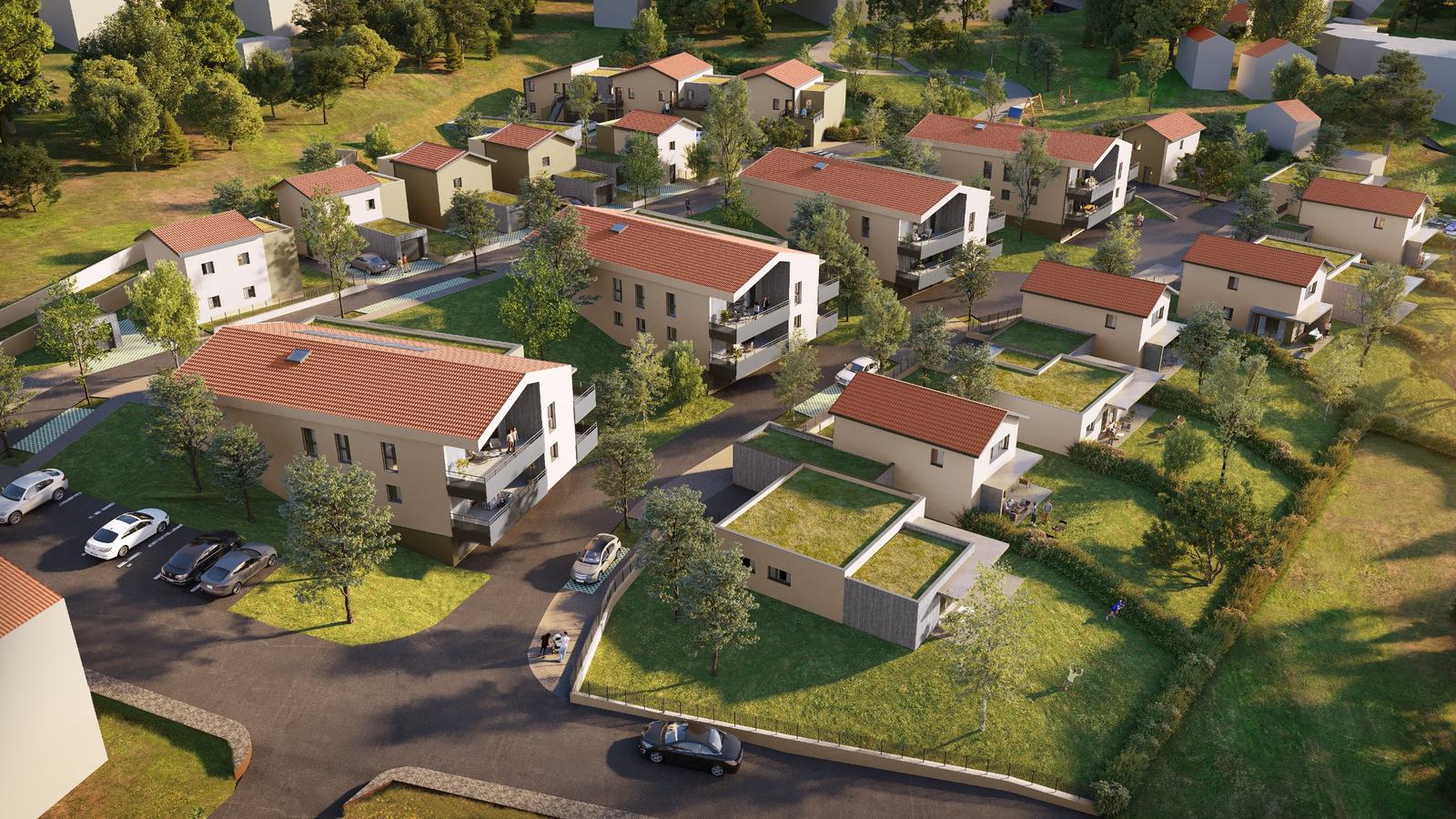 Vue aérienne en perspective du Belvédère des Cimes : villas à étage et de plain-pied, jardins arborés et voie de desserte