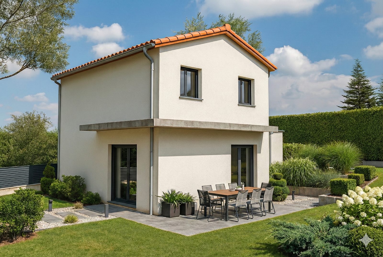 Villa à étage sous toiture en tuiles, terrasse et jardin paysager