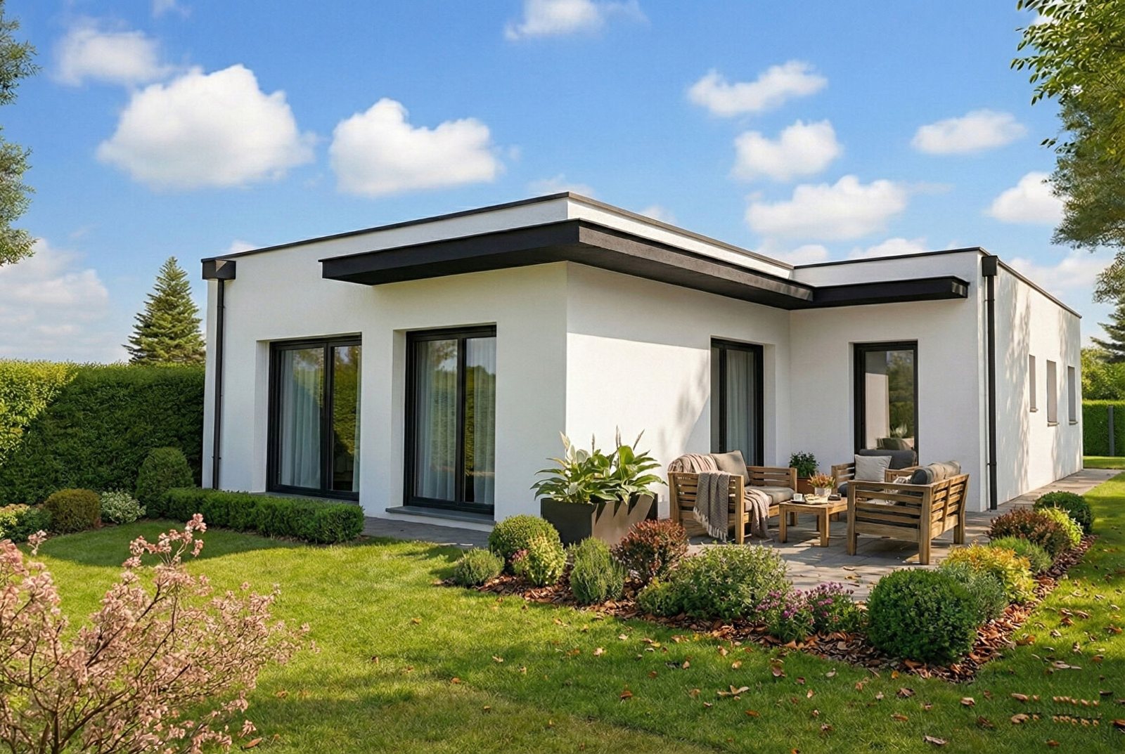 Villa contemporaine de plain-pied à toit plat, avec terrasse et jardin paysager